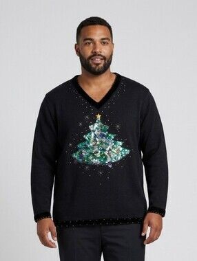 Quacker Factory Black V-Neck Sweater with Green Sequin Christmas Tree